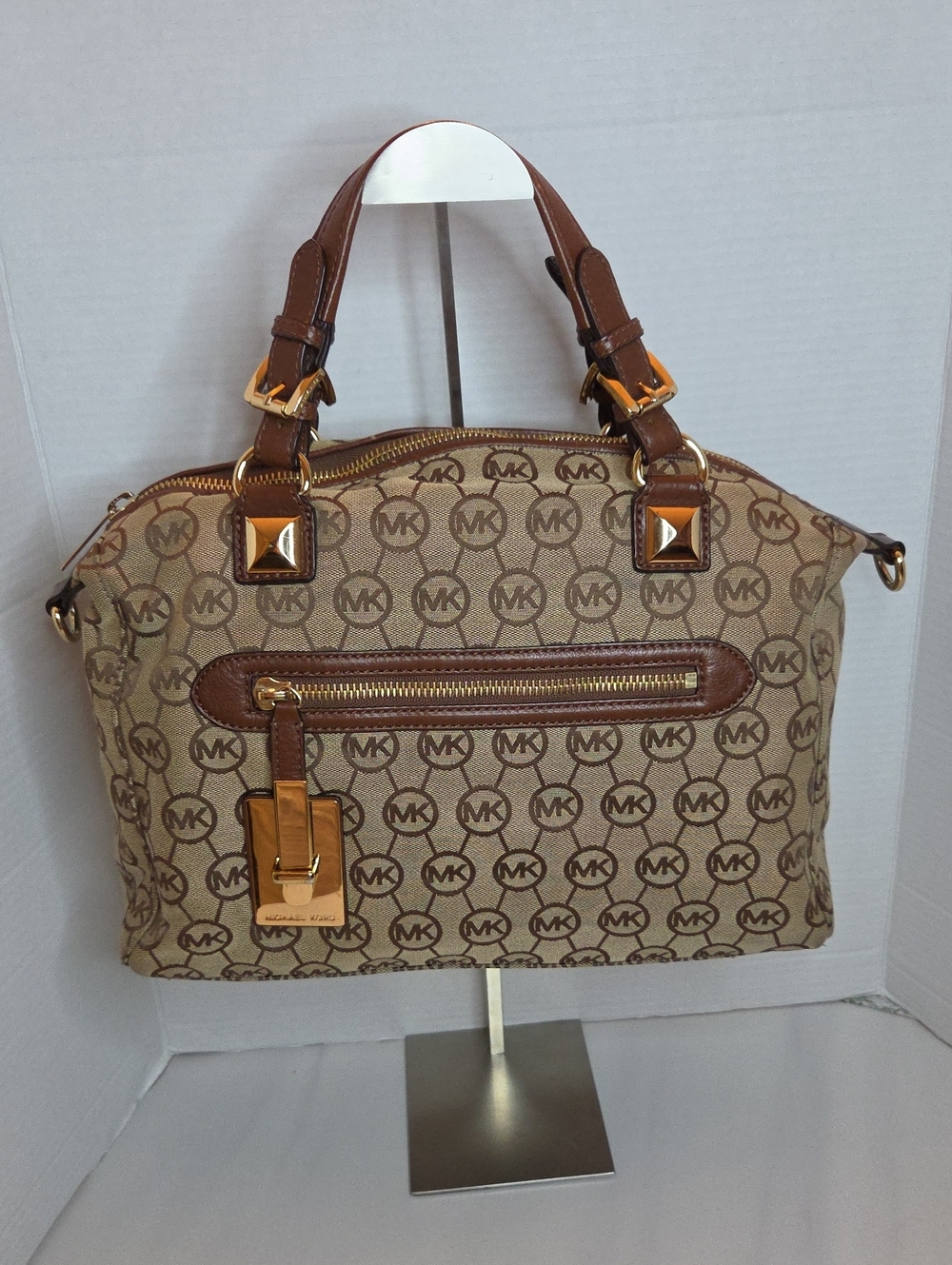 Michael Kors Calista Monogram Logo Satchel In Brown
